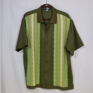 Michael Irvin Button Up Knit Shirt Mens Large Green Striped Wave Textured Retro